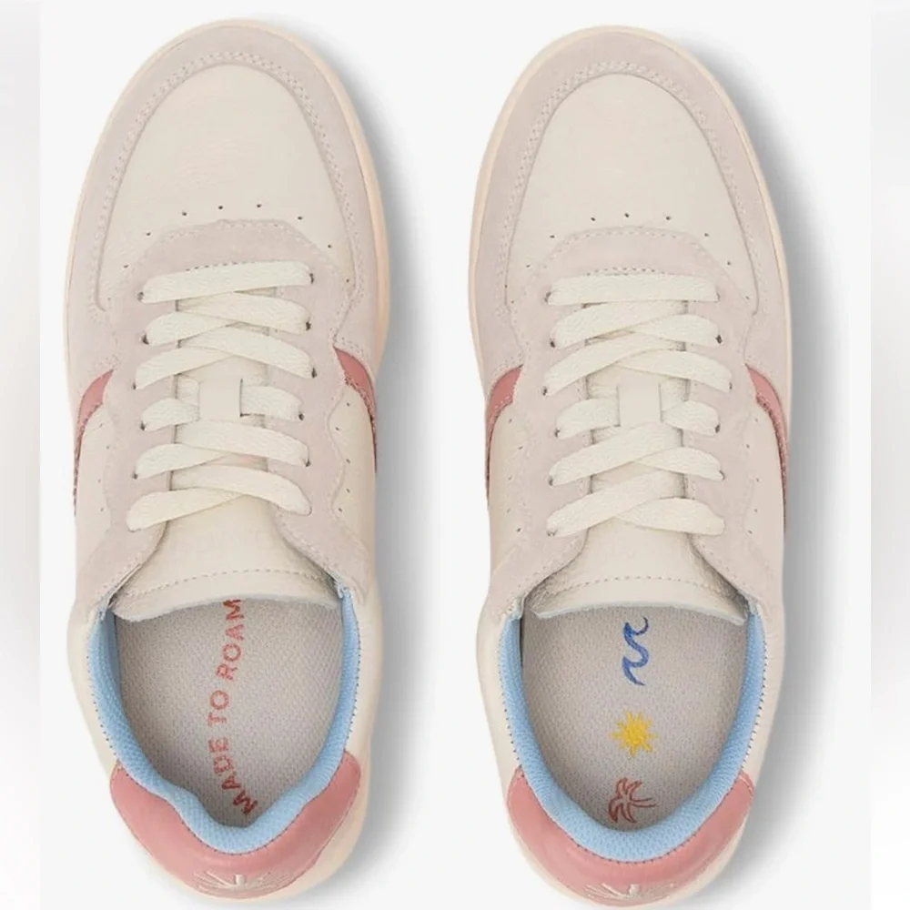 Soludos Roma Leather Lace Up Sneakers Size 8 White Pink Lt Blue New in Box